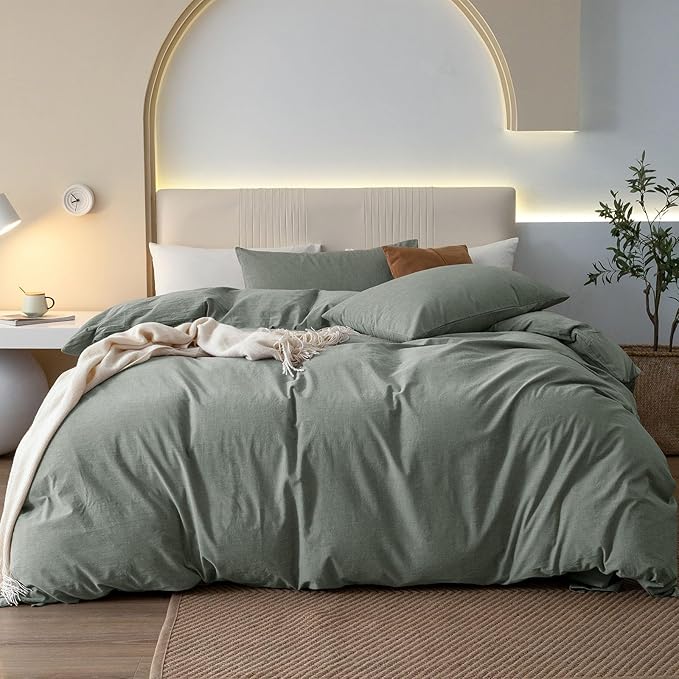 JIYUAN 100% Washed Cotton Duvet Cover Set 3 Pieces King, 1 Duvet Cover 104x90 Inches(Comforter Not Included) and 2 Pillowcases,Linen Feel Bedding Set Comfy and Breathable, Heathered Green