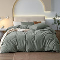JIYUAN 100% Washed Cotton Duvet Cover Set 3 PCS Super King Plus, 1 Duvet Cover 120x120 Inches(Comforter Not Included) and 2 Pillowcases,Linen Feel Bedding Set Comfy and Breathable, Heathered Green