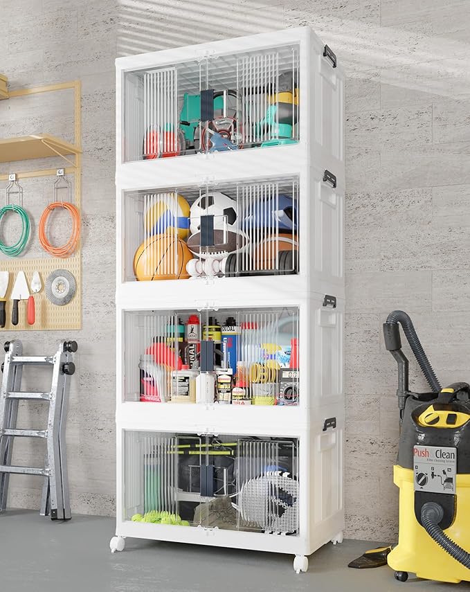 OlarHike 97QT Stackable Storage Bins with Lids - Folding Storage Box with Doors and Wheels, Collapsible Plastic Storage Drawers for Closets, 4 Pack Cubes