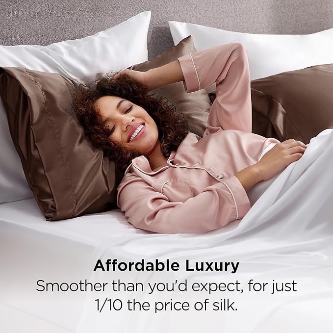 Bedsure King Size Satin Pillowcase Set of 2 - Brown Silky Pillow Cases for Hair and Skin with Envelope Closure, Similar to Silk Pillow Cases, Gifts for Women Men, 20x36 Inches, 2pcs