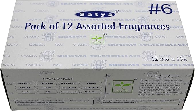 Satya Bangalore (BNG) Set of 12 Nag Champa, Red Champa, Black Champa, Champa, Super Hit, Darshan, Neem Forest, Arabian Musk, Jasmine, Gold, French Lavender, Mystic Rose Incense Sticks, VarietyPack06