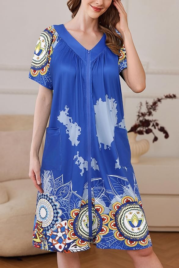 Ekouaer Women Robe Zipper Front Mumu Duster Robes Zip Up Housecoat Soft Sleepwear with Pockets S-3XL
