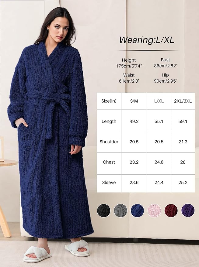 Artfasion Womens Long Fleece Robe - Warm Soft Floor Length Flannel Bathrobes for Winter Thicker Long House Coat with Pockets