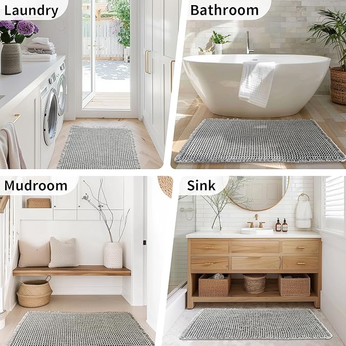 Waffle Bath Mat - Boho Bathroom Rugs Non Slip Washable, Super Absorbent & Quick Dry, Soft Bath Mat Farmhouse Bathroom Decor, 24'' x 36'', Dark Grey