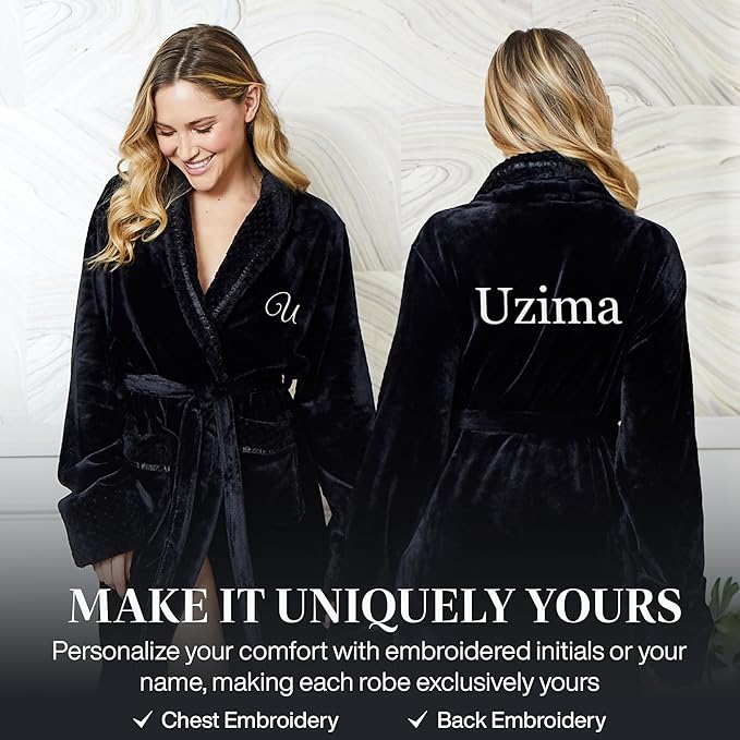 Lotus Linen Plush Robes for Women - Soft Bathrobe, Custom Monogram, Warm Fleece Robe with Pockets