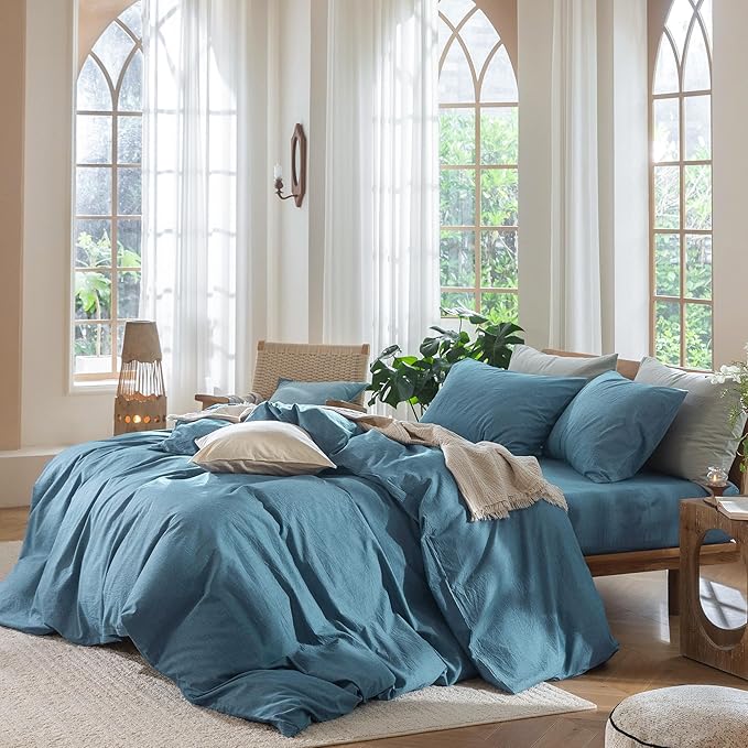 MooMee Bedding Duvet Cover Set 100% Washed Cotton Linen Like Textured Breathable Durable Soft Comfy (Heathered Peacock Blue, Oversized Queen 98"x98")