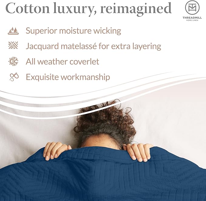 Threadmill Luxury Cotton Blankets for King Size Bed | All-Season Cozy 100% Cotton King Size Blanket | Aster Soft & Lightweight Coverlet fits California King Size Bed, 104x92 | Folkstone Blue