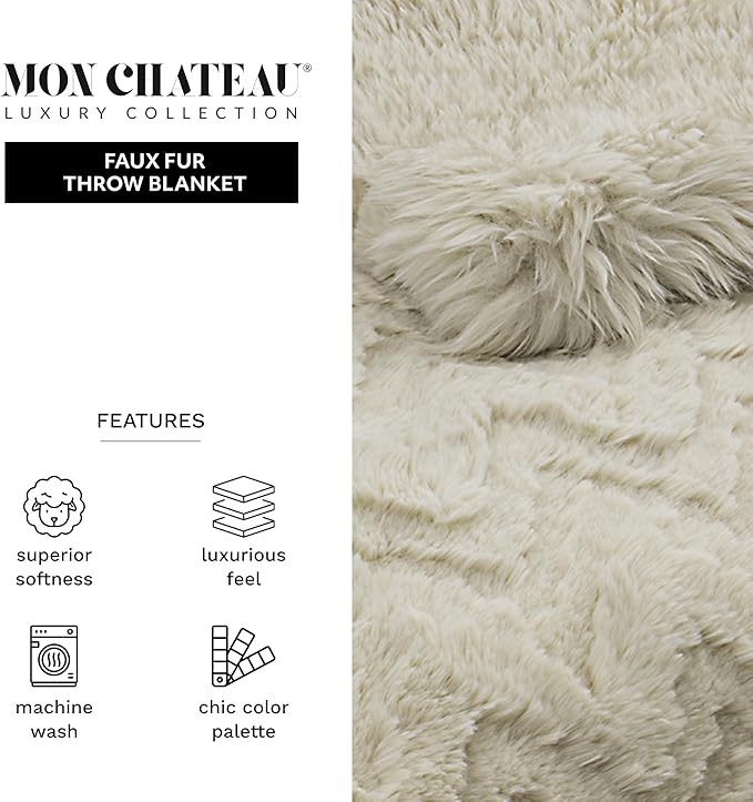 Mon Chateau 60" x 70" Crest Faux Fur Throw, Plush Luxury Blanket for Couch, Sofa, or Bed, Soft Reversible Throw Blanket for Sleeping, Home & Room Decor, Sandstone Jacquard