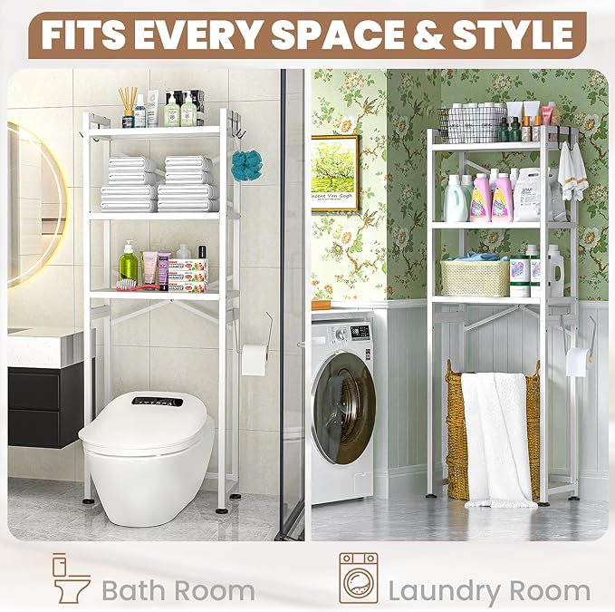 ZZL Over The Toilet Storage,3-Tier,Bathroom Toilet Organizer,Multifunctional Space Saver Freestanding Bathroom Shelves with 4 Hooks,White