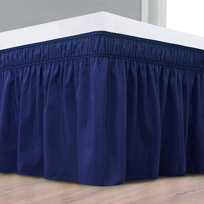 Biscaynebay Wrap Around Bed Skirts for Full & Full XL Beds 17" Long Drop, Navy Adjustable Elastic Dust Ruffles Easy Fit Wrinkle & Fade Resistant Silky Luxurious Fabric Solid Machine Washable