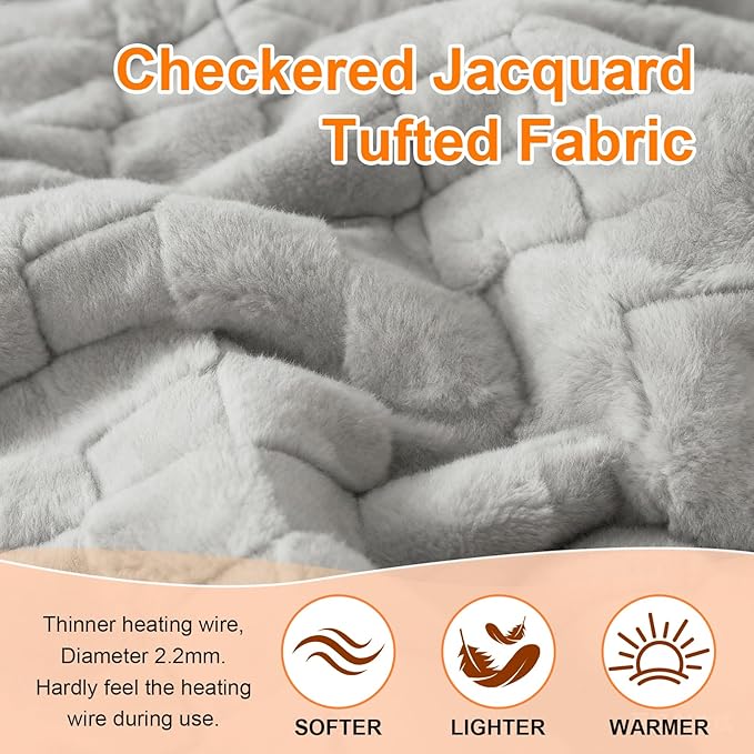 Electric Heated Blanket Queen Size Dual Control - Jacquard Checkered Sherpa 84"x90" Fast Heating Bed Blankets with 6 Heating Levels & 10 Hours Auto Off, Over-Heat Protection ETL, Light Gray