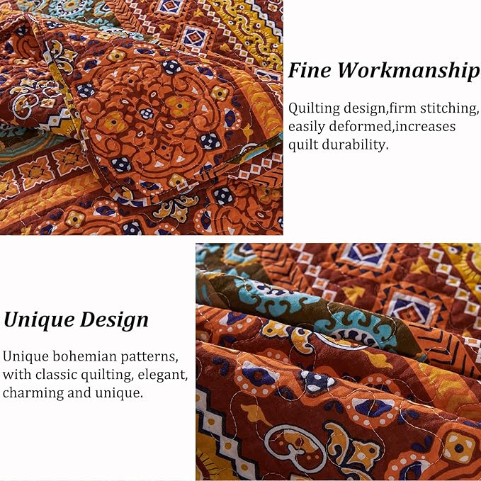 Cmfshape Orange Quilt Sets Bedspread Set 100% Cotton Boho Bedding Set, All Season Use Lightweight Reversible Coverlet Quilts with 2 Pillow Shams(Queen 92"x96")