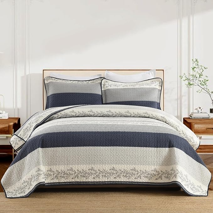 Stripe Quilt King Size - 100% Cotton Lightweight King Quilt Bedding Set, Vintage Vine Pattern Quilted Bedspread with 2 Pillow Shams, Farmhouse Printed Bed Coverlet for All Season, Navy/Gray