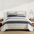 Stripe Quilt King Size - 100% Cotton Lightweight King Quilt Bedding Set, Vintage Vine Pattern Quilted Bedspread with 2 Pillow Shams, Farmhouse Printed Bed Coverlet for All Season, Navy/Gray