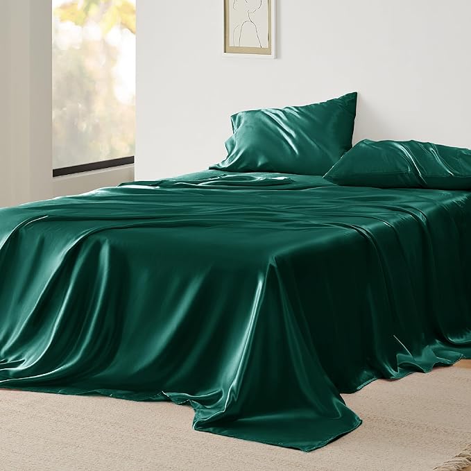 Bedsure Satin Sheets Full Size - 4 Piece Silky Bedsheets with 15 Inches Deep Pocket Fitted Bedsheet,1 Flat Sheet, 2 Satin Pillowcases, Good for Hair & Skin (Full, Dark Green)