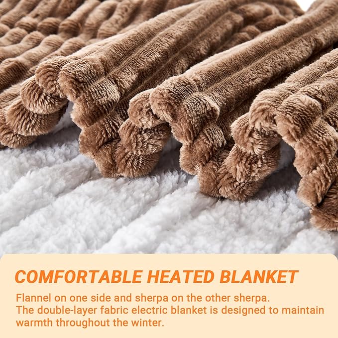 Heated Blanket Electric Throw, Soft Flannel Heating Blanket with 8 Hours Auto Off 10 Fast Heating Levels Machine Washable Sherpa Heated Blanket with Overheating Protection