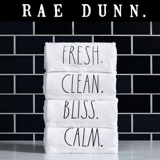 Rae Dunn Hand Towels, Embroidered Decorative Hand Towel for Kitchen and Bathroom, 100% Cotton, White- Fresh/Clean/Calm/Bliss, 16"x 28"