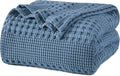 PHF 100% Cotton Waffle Weave Blanket Queen Size for Bed, Soft Lightweight & Breathable, All-Season Comfort, Luxury Aesthetic Woven Bedding for Home Decor, 90"x90", Denim Blue