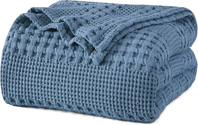 PHF 100% Cotton Waffle Weave Blanket Queen Size for Bed, Soft Lightweight & Breathable, All-Season Comfort, Luxury Aesthetic Woven Bedding for Home Decor, 90"x90", Denim Blue