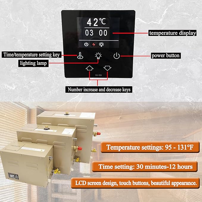 Steam shower generator,9kw Household-Commercial,Steam shower generator kit,with self-draining system,Temperature adjustable 95-131°F,Applicable space 315～350ft3