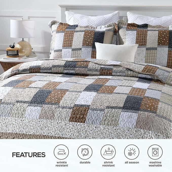 ENJOHOS 3PC Queen Quilt Sets with Shams Navy and Brown Blocks Patchwork Quilt Lightweight Reversible Bed Coverlet All Season Bedspread for Queen Bed Patch Plaid Daybed Bedding (Multi Patch)