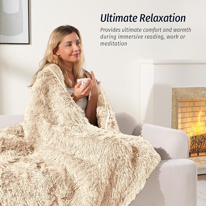 Wemore Shaggy Long Fur Faux Fur Weighted Blanket, Cozy and Plush Sherpa Long Hair Blanket for Adult 15lbs, Fluffy Fuzzy Sherpa Reverse Heavy Blanket for Bed, Couch, Khaki, 48 x 72 Inches