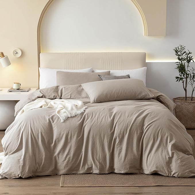 JIYUAN 100% Washed Cotton Duvet Cover Set 3 Pieces Full, 1 Duvet Cover 80x90 Inches (Comforter Not Included) and 2 Pillowcases,Linen Feel Bedding Set Comfy and Breathable, Heathered Tannish Linen Grey