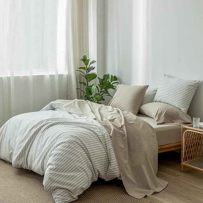 MooMee Bedding Sheet Set 100% Washed Cotton Linen Like Textured Breathable Durable Soft Comfy (Heathered Khaki, Queen)