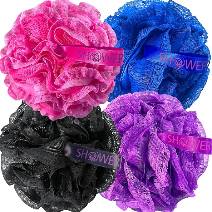 Loofah-Bath-Sponge Hot-Lacey-Mesh // 4-Sexy-Lace-Colors by Shower Bouquet / 2-Scrubs-in-1 Large Full 60g Pouf Body Luffa Loofa Loufa Puff - Exfoliate, Cleanse Skin with Luxurious Bathing Accessories