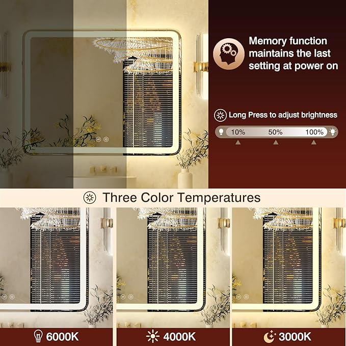 24x36 LED Mirror for Bathroom, Lighted Mirror for Bathroom Wall with Frontlit & Backlit, Stepless Dimmable, Anti-Fog, 3 Colors Temperature, Modern LED Vanity Mirror