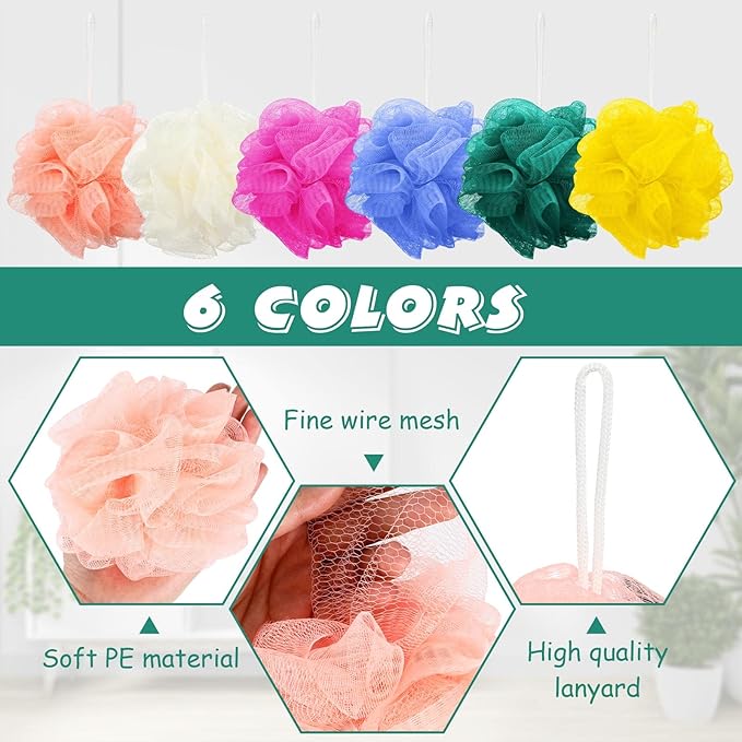 Sunnyray 100 Pcs Bath Sponge Shower Loofahs Bulk Bath Luffas Exfoliating Body Scrubber Packs Assorted Colors Mesh Balls Travel Cleaning Wash Puff Bathing Accessories for Women Men Body Wash, 6 Colors