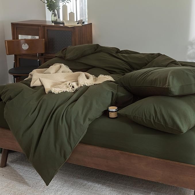 FOSSA Duvet Cover Set 100% Washed Cotton Linen Feel Super Soft Breathable Cozy 3 Pieces Bedding Sets Solid Olive Green Queen