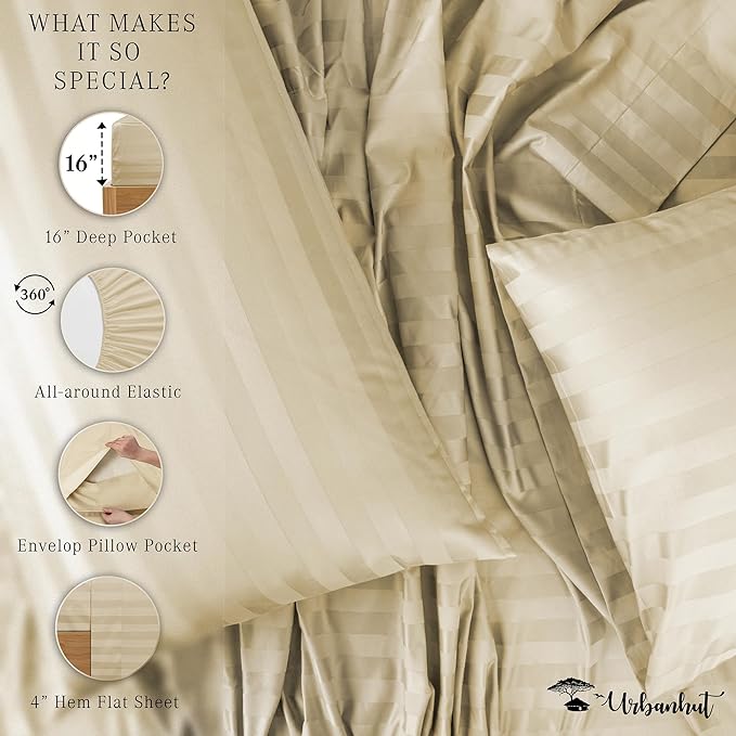 URBANHUT 1000 Thread Count Damask Striped Queen Size Egyptian Cotton Sheets, Long Staple Soft & Breathable, 4 Pc Bed Sheet Sets, Luxury Hotel Sateen Sheets Fits 16" Deep Pocket - Sand
