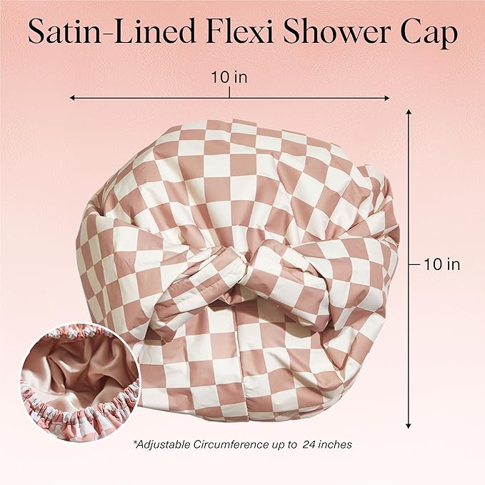 Kitsch Love & Comfort 2PC Spa Set - Satin Lined Reusable Waterproof Shower Cap and XL Quick Dry Hair Towel Wrap for Women, Microfiber Towel, Flexi Shower Cap For All Hair Types - Terracotta Checker