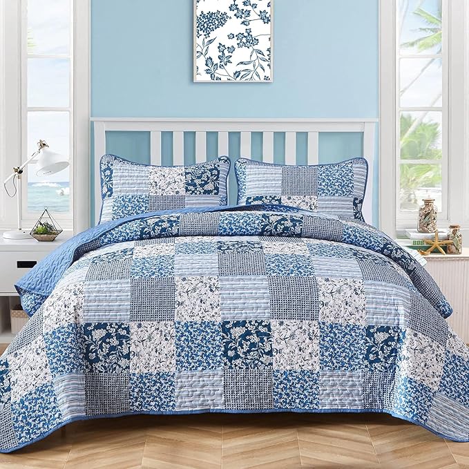 Mybedsoul Blue Quilt Set Full Size, 3 Pieces Plaid Floral Bedspread Set Patchwork Reversible Bedding Set Microfiber Lightweight Bedspread Coverlet Set for All Season 78"x90"