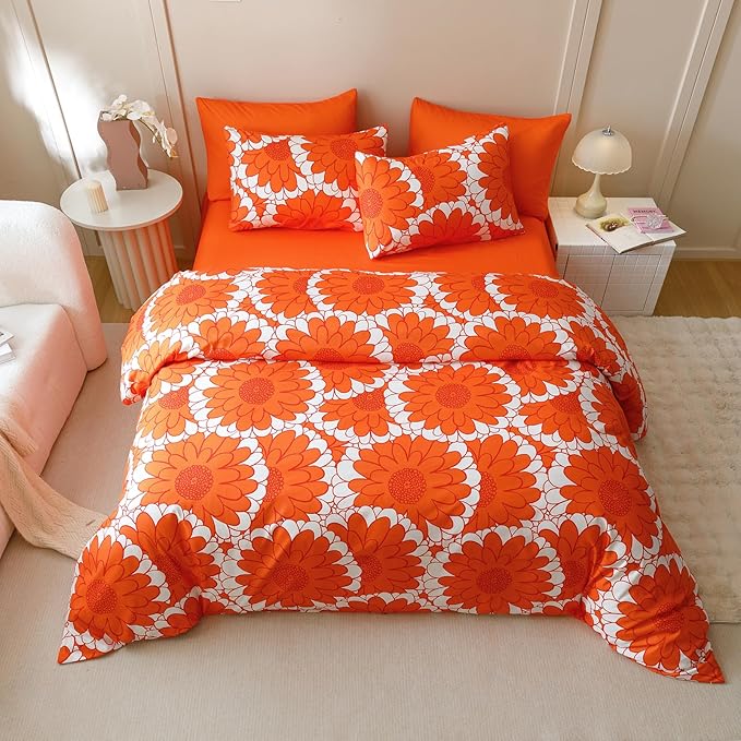 KAREVER Orange Sunflower Comforter Set King Size Orange Sunflower Bedding Set 3 PCs Comforter Set King Size Fluffy Linen Comforter Sets