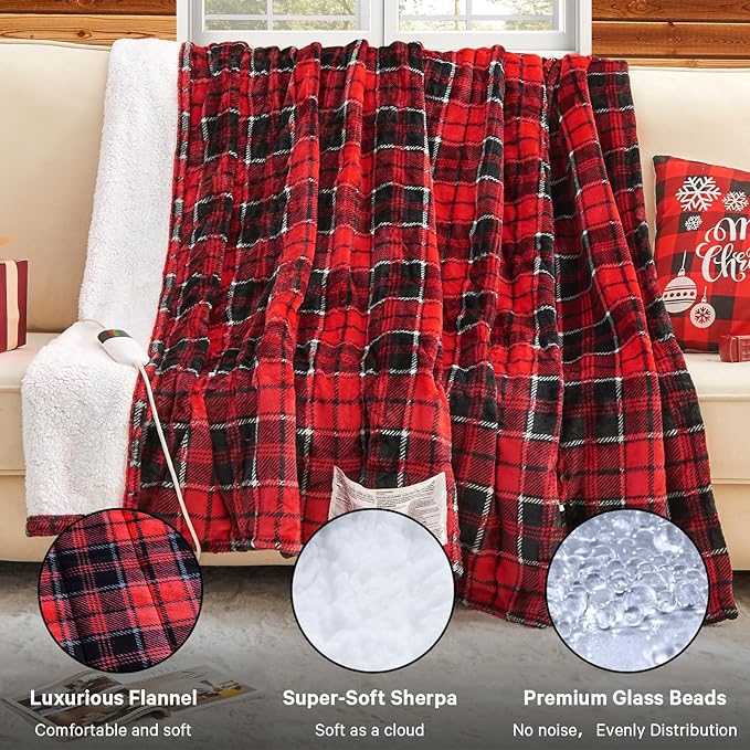 Red Heated Weighted Blanket for Adults 20Lbs Queen Size 60"x80", 2-in-1 Electric Heating Pad Lap Heavy Blanket for 190-210 lbs for Couch, 10 Level 1-8H Auto Off, Christmas Birthday Gifts for Women Mom