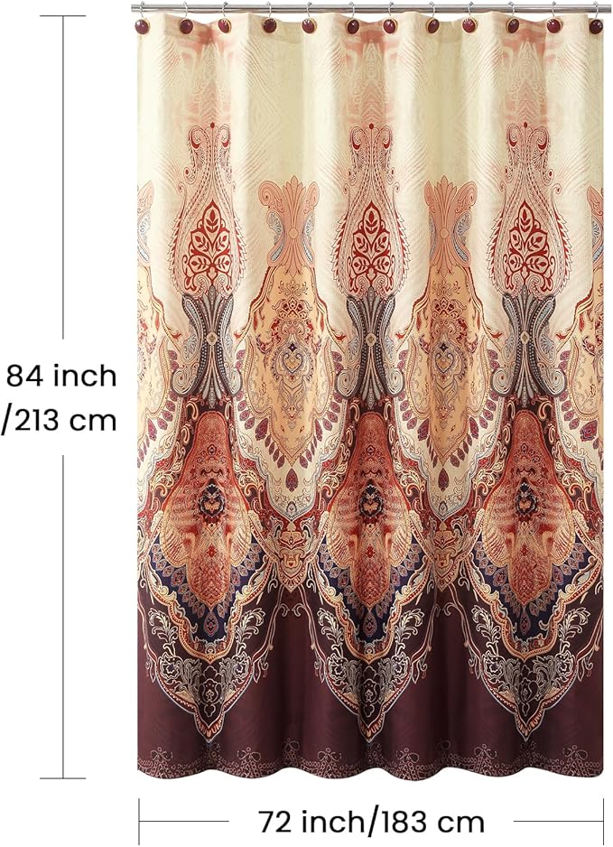 Extra Long Shower Curtain 72x84 Inches, Water Repellent Fabric with Gold and Brown Baroque Pattern, 12 Metal Grommets and Weighted Hem