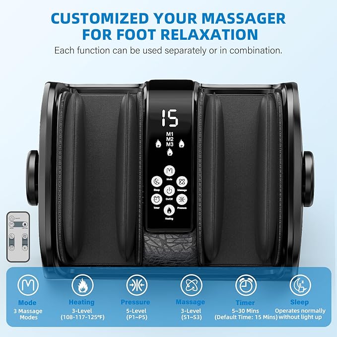 Foot Massager with Heat, 3 Heating Therapy 5 Intensity, Deep Kneading Rolling for Calf-Feet-Arm Circulation, Plantar Fasciitis and Pain Relief