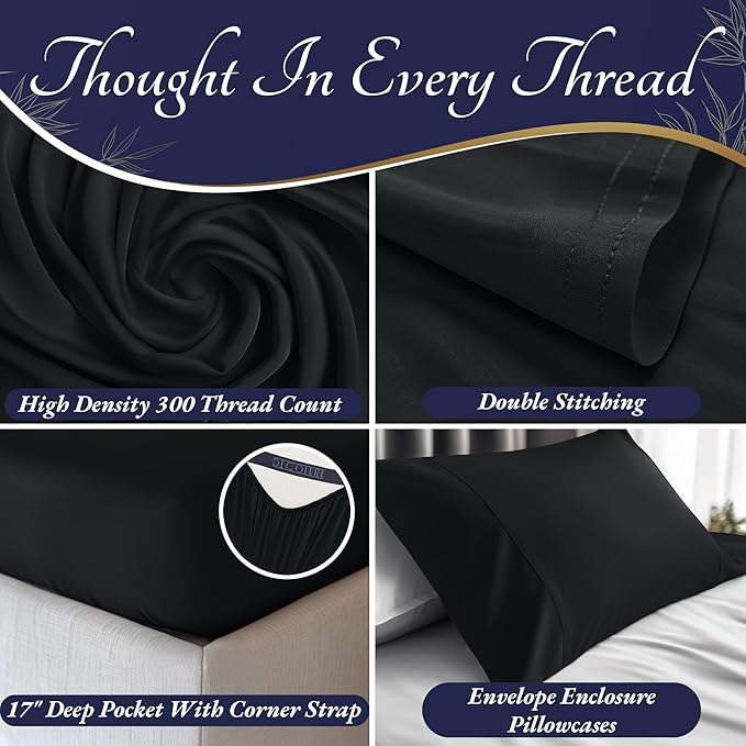DECOLURE 100% Viscose Derived from Bamboo Sheets Cal King Size 4pcs - Ultra Soft & Luxuriously Cooling, 17" Deep Pocket, Double Stitching, Perfect for Hot Sleepers - King Bed Sheets (Black)