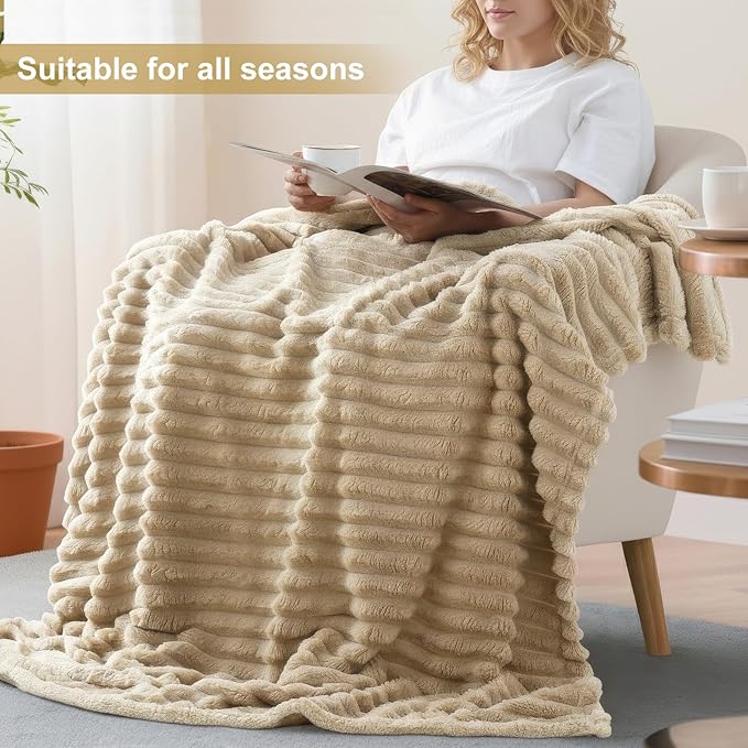 decorUhome Christmas Soft Fleece Light Brown Throw Blanket for Couch, Cozy Fluffy Plush Flannel Striped Blanket for Sofa Bed, Lightweight Decorative Ribbed Fuzzy Blanket for Woman, 50x60 Inches
