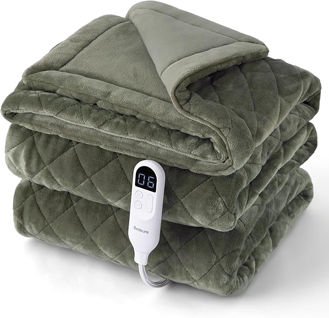 Bedsure Electric Blanket Twin - Quilted Heated Blanket Twin Size, Soft Flannel Thick Heating Blanket with 10 Time Settings & 6 Heat Settings, Warm Gifts for Women Men (62x84 inches, Olive Green)