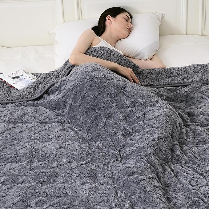 Topblan Weighted Blanket Full Size 15 Pounds, Soft Weighted Blanket with Doubled-Sized Shaggy Sherpa, Jacquard Knitted Stylish Warm Weighted Blankets Throw for Better Sleep, Grey, 48 x 72 inches