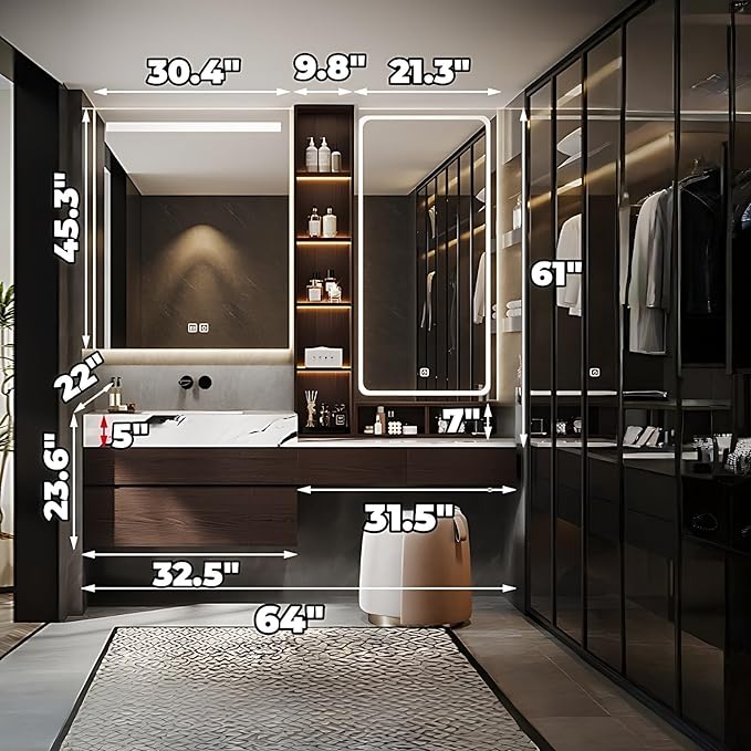 Bathroom Vanity with Sink - Luxury Bathroom Sink Cabinet, Floating Vanity with Smart Defogging Mirror & Storage Drawer, Multi-Layer Solid Wood Panel - Complete Accessories (64")