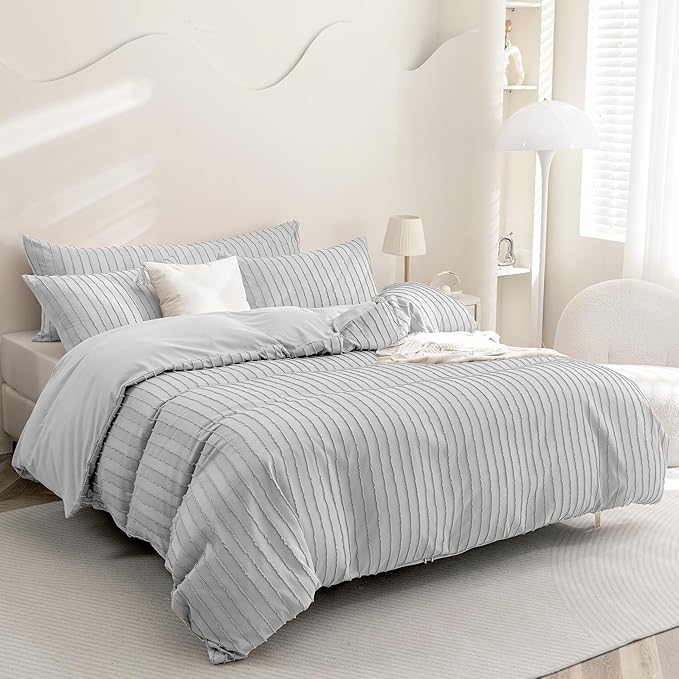 JELLYMONI Duvet Cover King Size Light Grey - 3PCS Boho Striped Duvet Cover Set Polyester Tufted Bohemian Textured Comforter Cover 104×90in with Corner Ties & Zipper and 2 Pillowcases