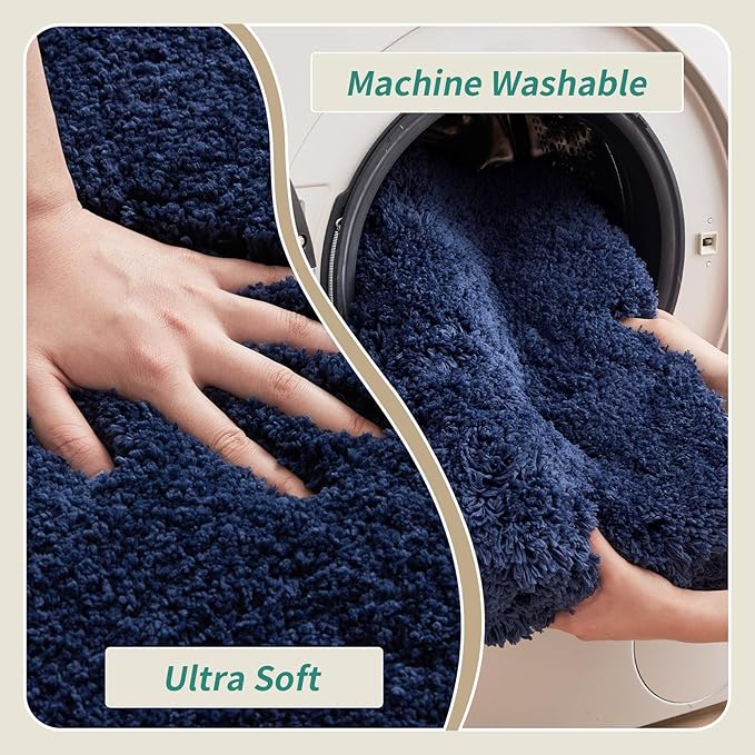 Navy Bathroom Rug 20x32 Non Slip Fluffy Bath Mat for Bathroom Floor Washable Plush Luxury Bath Rug for Tub Soft Shaggy Absorbent Shower Sink Mat