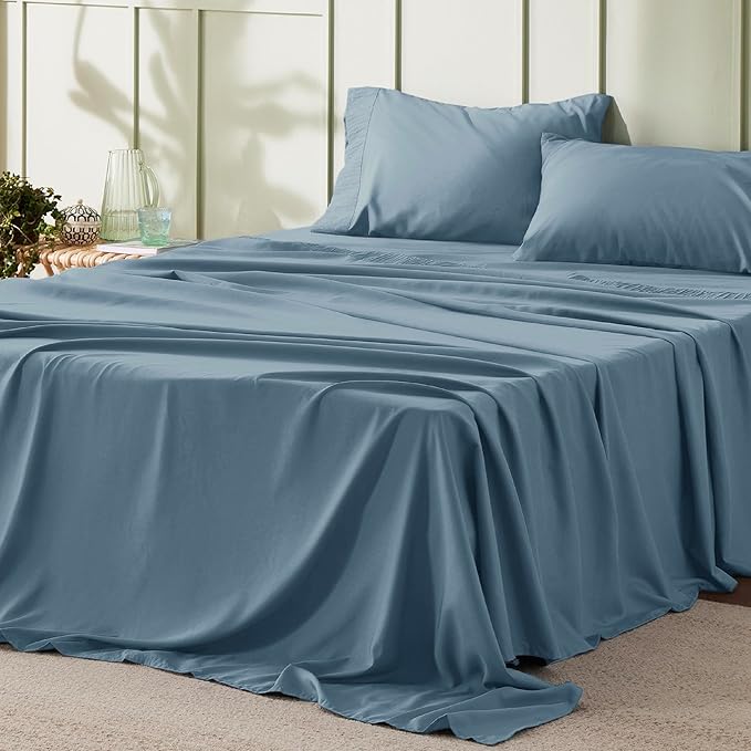 Bedsure California King Sheet Sets - 4 Pieces Soft Cal King Sheets - Breathable & Cooling - Hotel Luxury - Easy Care Polyester Microfiber Bedding for Women, Men, Mineral Blue