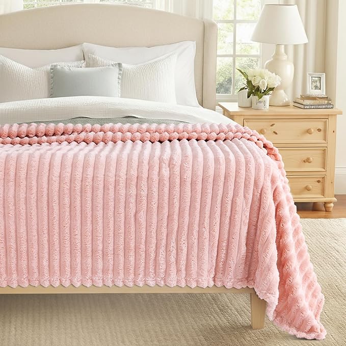 decorUhome Christmas Soft Fleece Pink Blanket King Size for Bed, Cozy Fluffy Plush Flannel Large Striped Throws for Couch Sofa, Lightweight Decorative Fuzzy Blanket for Woman, 108x90 Inches
