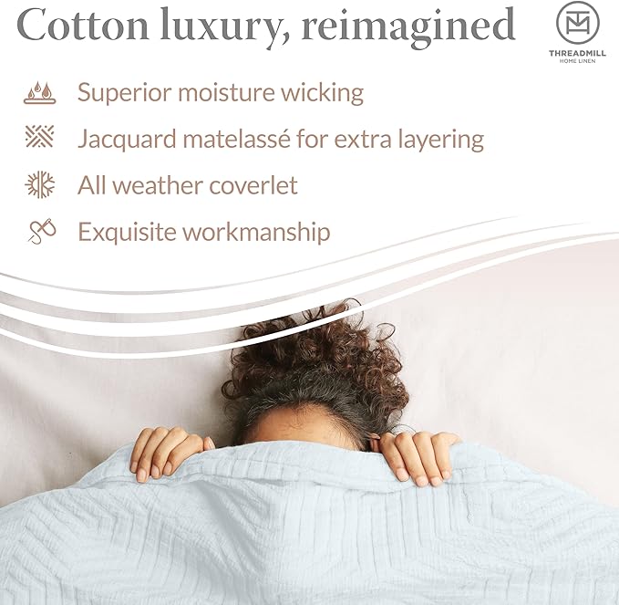 Threadmill Luxury Cotton Blankets for Queen Size Bed | All-Season 100% Cotton Queen Size Blanket | Aster Jacquard Cozy Lightweight, Soft Breathable Coverlet fits Full Size Bed, 90x92 | Light Blue