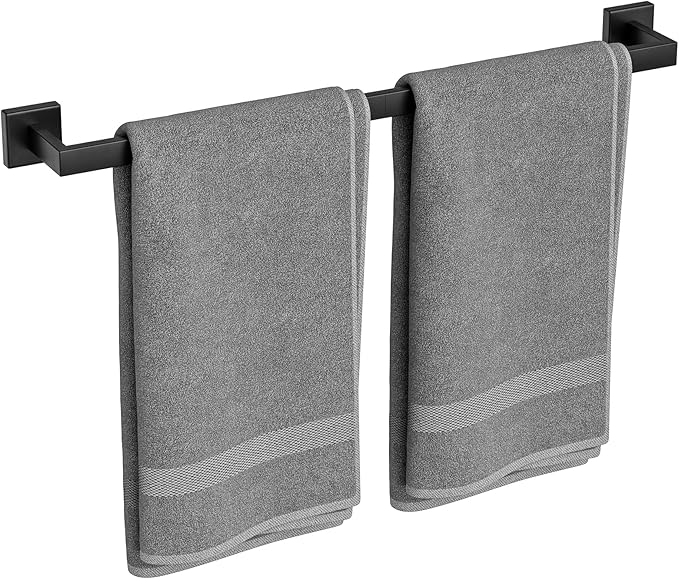 Matte Black Towel Bar, 24 Inch Bathroom Towel Rack, Towel Holder Wall Mounted, Square Base Thicken SUS304 Stainless Steel Towel Rod Modern Home Decor (Total Length 26-Inch)